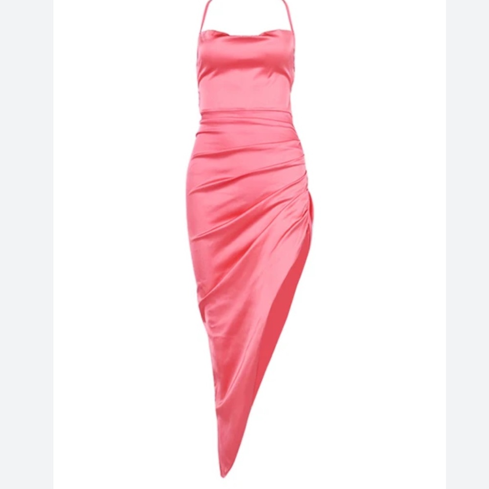 Satin Pink Dress Spaghetti Strap Backless Split Slim Asymmetrical Maxi Size S